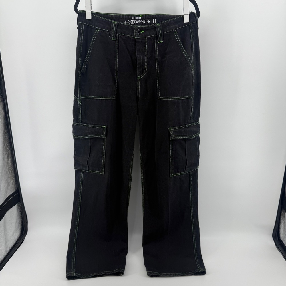 Hot Topic HT Denim Hi Rise Carpenter Jeans Women's Size 11 Black Green Stitching - Picture 15 of 15